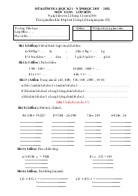 Đề kiểm tra học kì I – Năm học 2011 – 2012 môn Toán 4 năm 2011